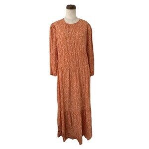 A New Day Womens Tiered Midi Dress Sz L Orange Pink Floral Rayon Modest Peasant